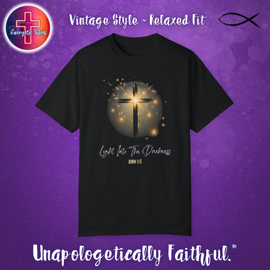 Light Into The Darkness ~ John 1:5 Unisex Christian T-Shirt | Vintage Style Relaxed Tee