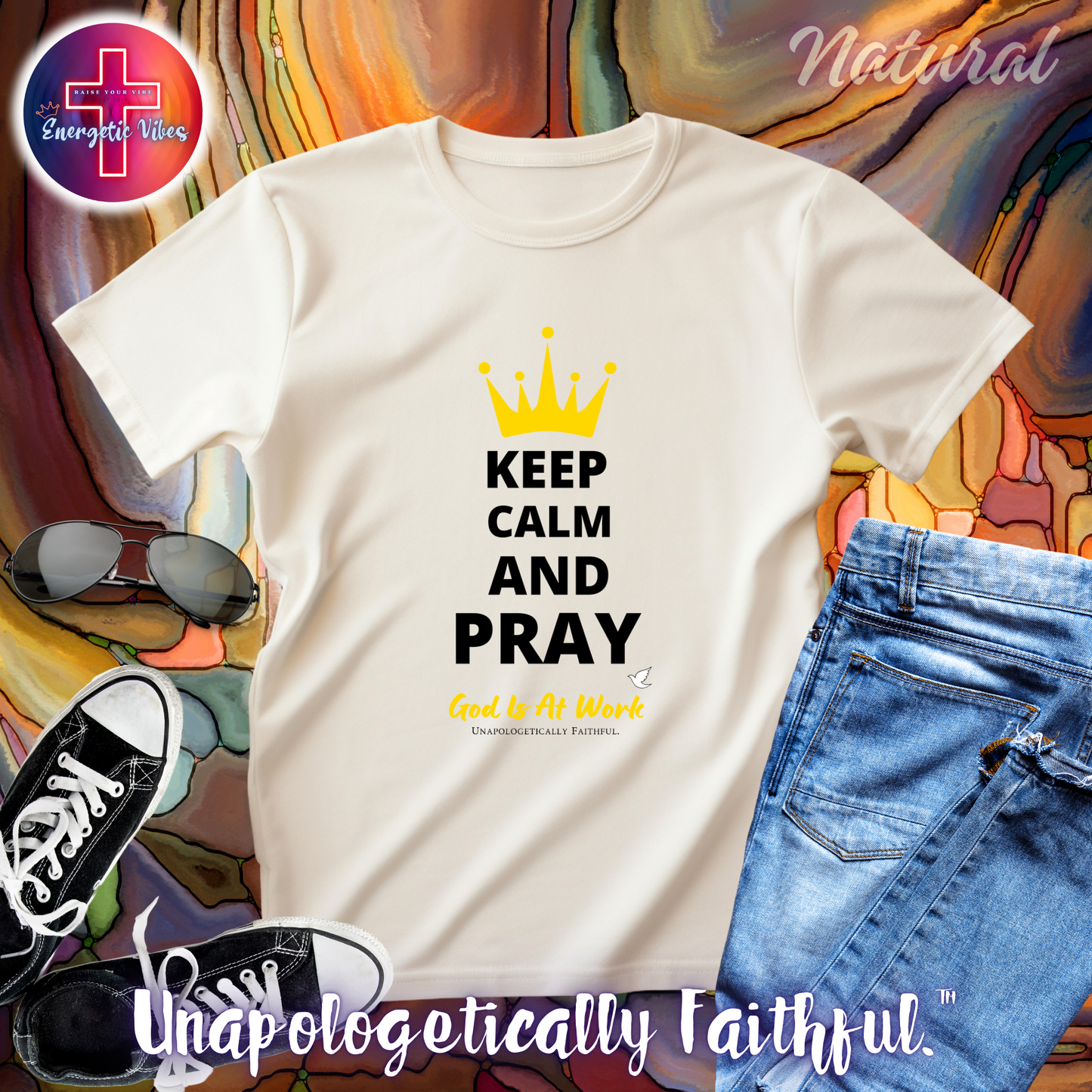 Keep Calm and Pray, God is at Work Unisex Christian T-Shirt | Classic Style Modern Tee