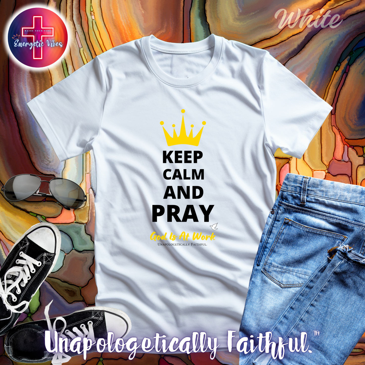 Keep Calm and Pray, God is at Work Unisex Christian T-Shirt | Classic Style Modern Tee